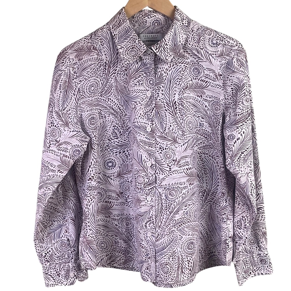 Foxcroft Appleseed's 12P Wrinkle Free Lavender Geometric Print Long Sleeve Shirt